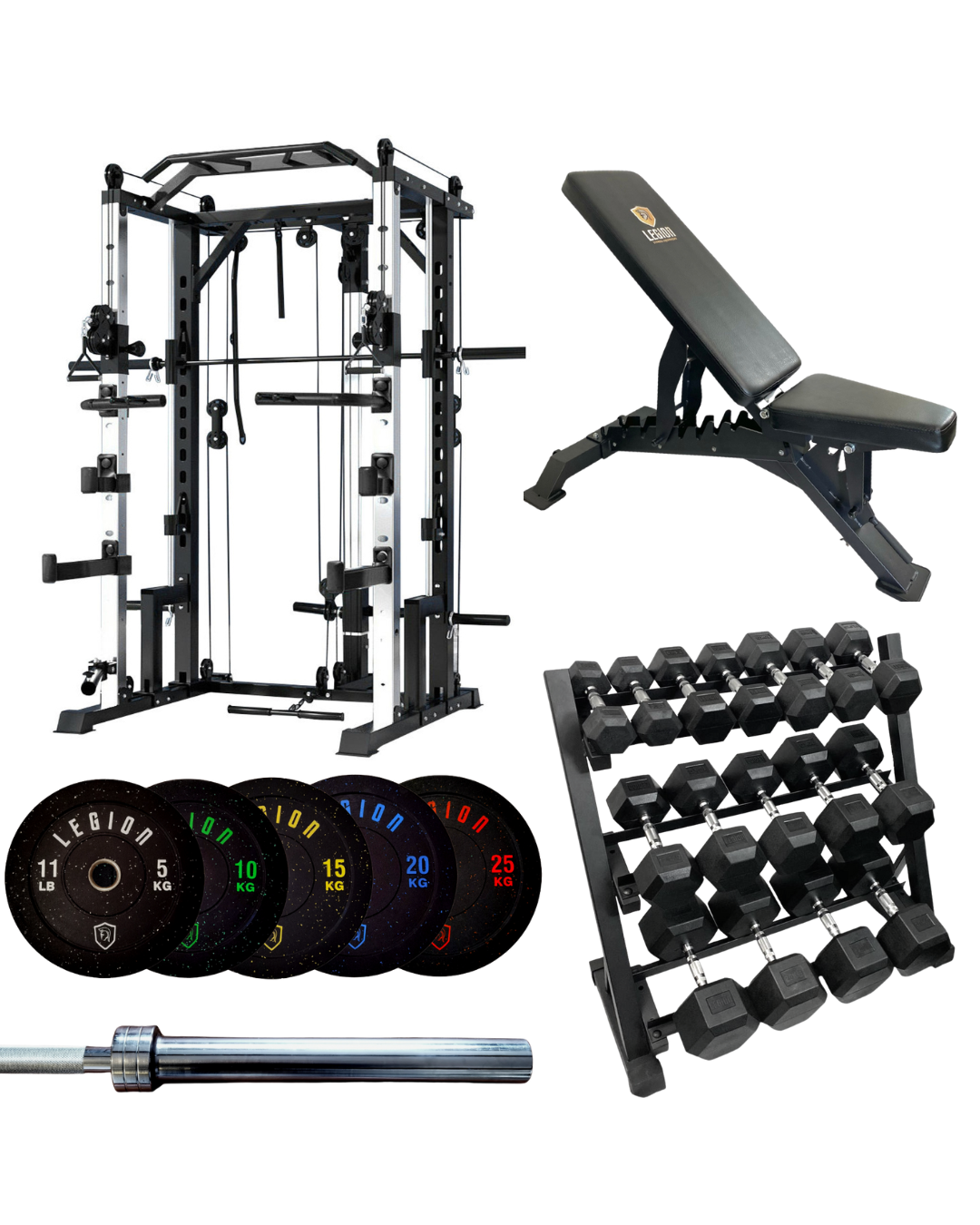 V2 Platinum Ultimate Home Gym Bundle - V2 Multi Gym Rack, 150kg Bumper Plate Set, Bench & 3 Tier Dumbbell Rack (8 pairs 5kg-30kg)