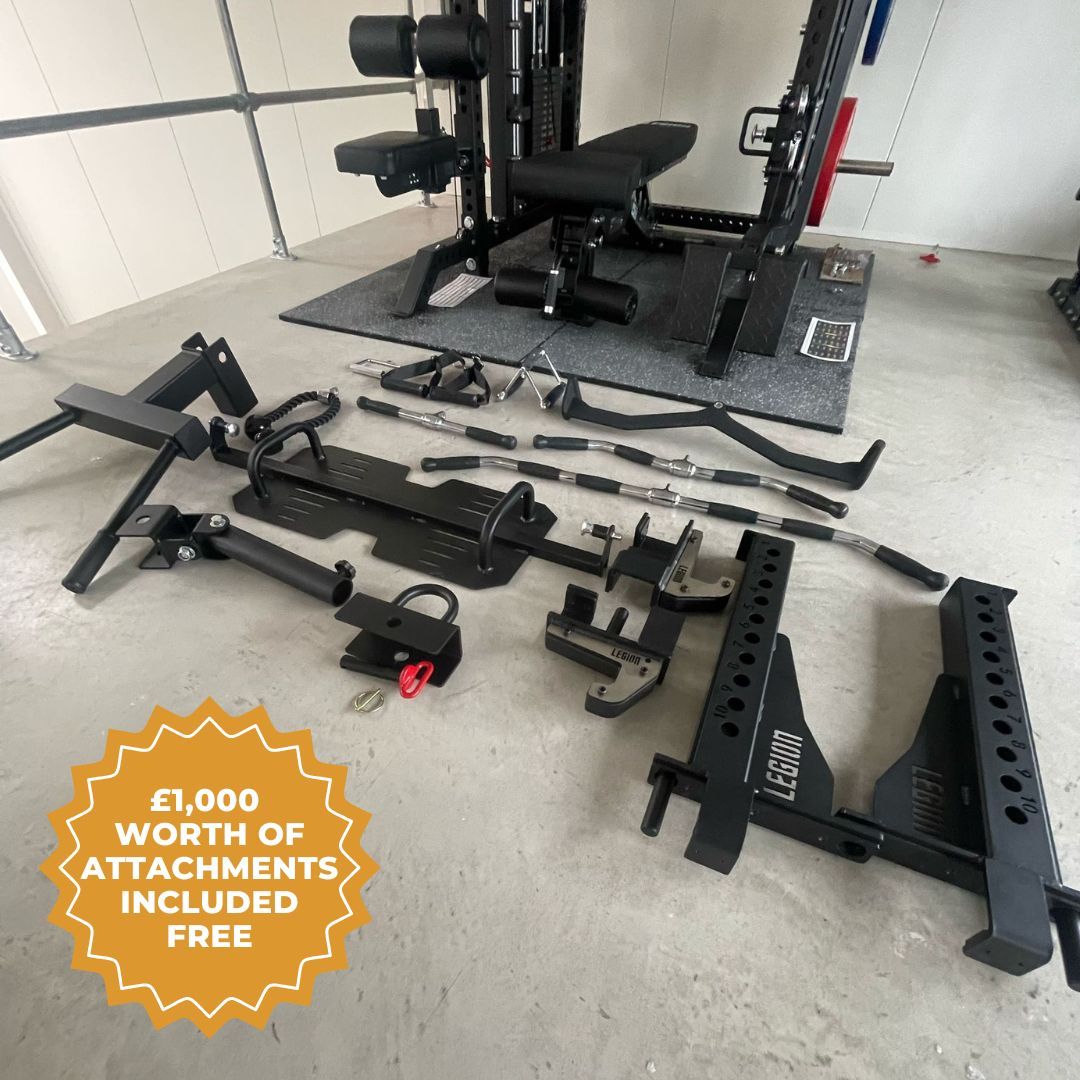 Legion V3 Pro Gym Bundle - V3 Multi Gym Rack, 150kg Bumper Plate Set, FID Bench & 3 Tier Dumbbell Rack (8 pairs 5kg-30kg)