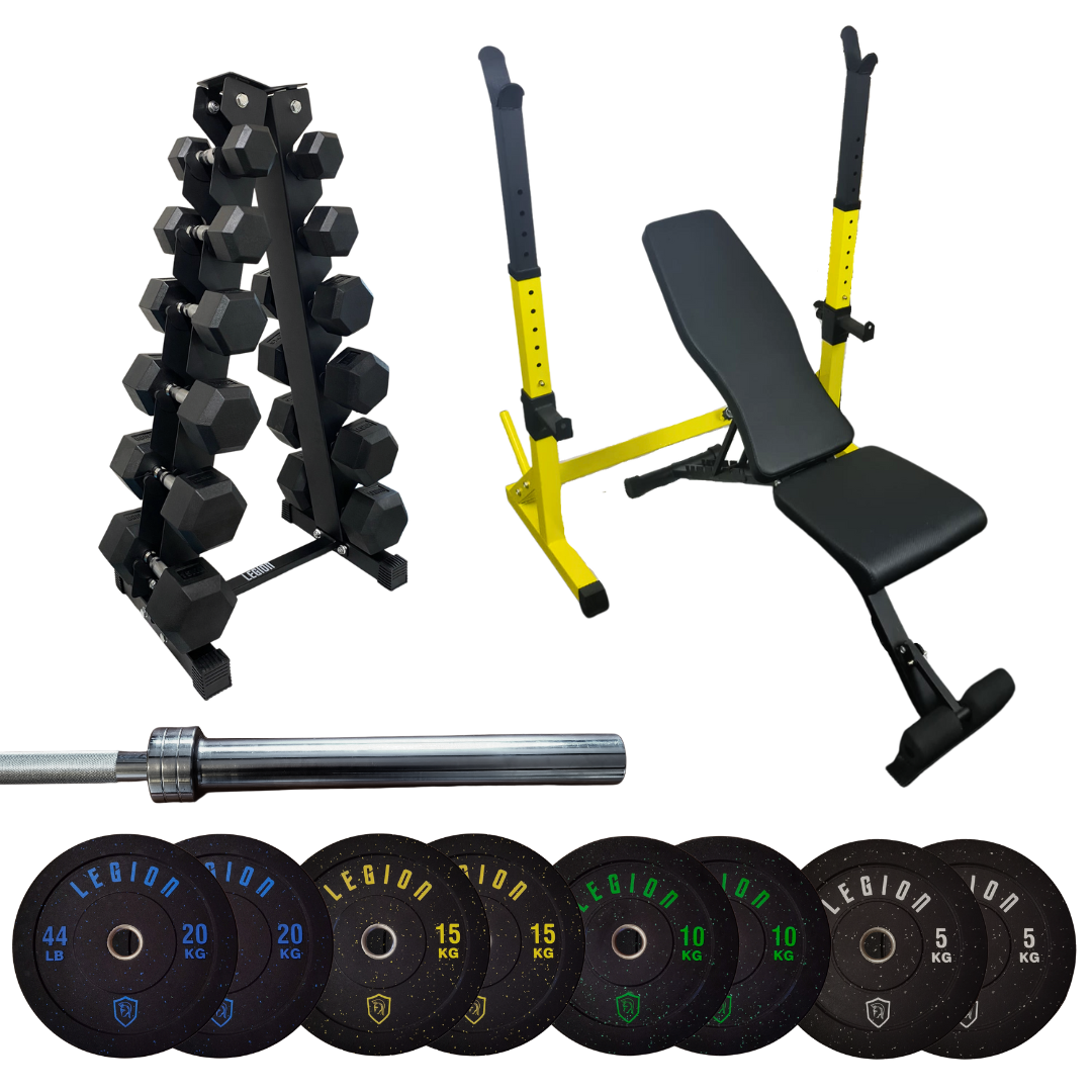 Legion Super Saver Starter Pack Adjustable Squat Rack Weight Bench 100kg Bumper Plate Set Tower Dumbbell Rack