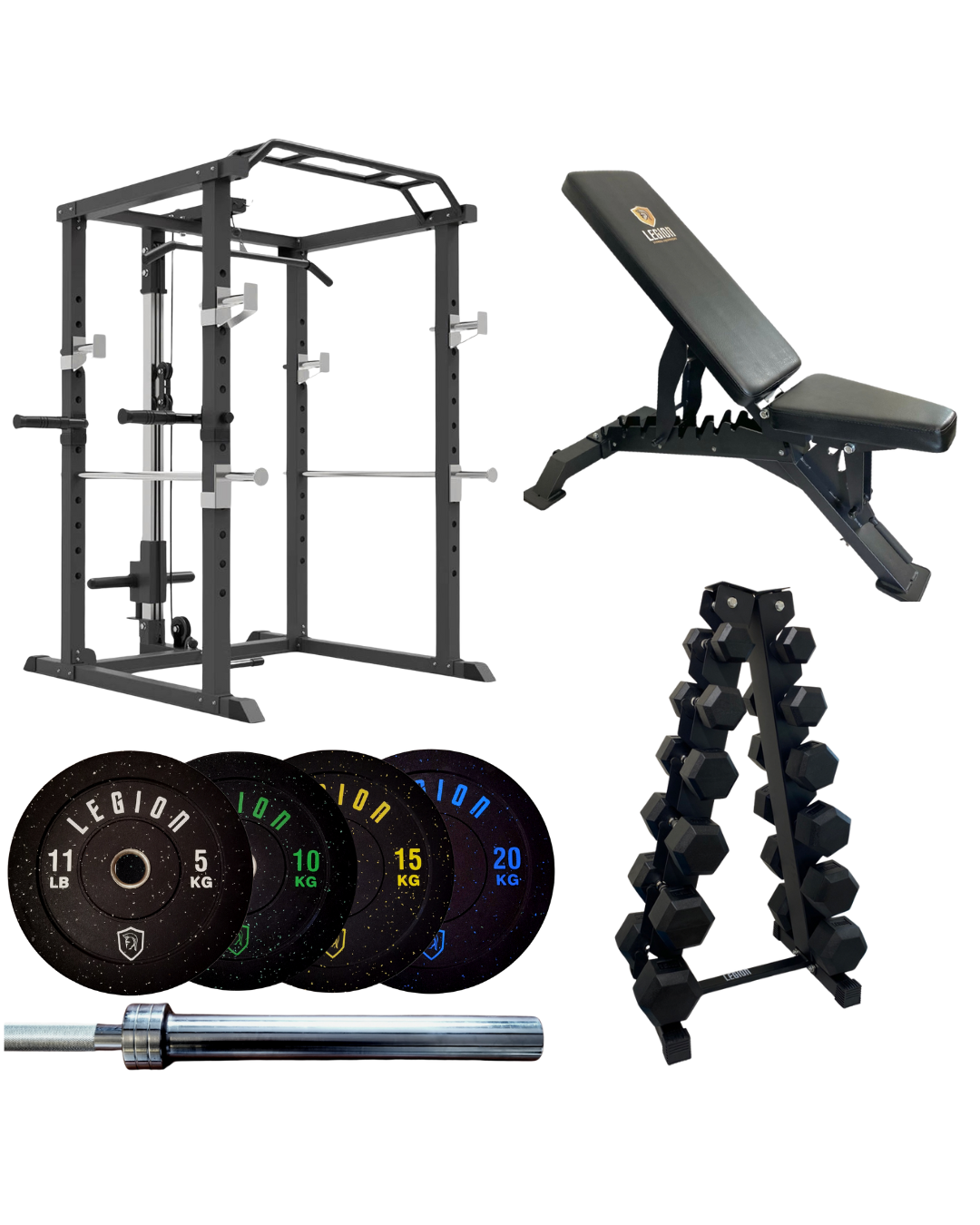 V1 Gold Ultimate Home Gym Bundle - V1 Multi Gym Rack, 100kg Bumper Plate Set, Bench & 6 Tower Dumbbell Rack 5kg-20kg