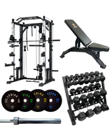 V2 Gold Ultimate Home Gym Bundle - V2 Multi Gym Rack, 100kg Bumper Plate Set, Bench & 3 Tier Dumbbell Rack (8 pairs 2.5kg-20kg)