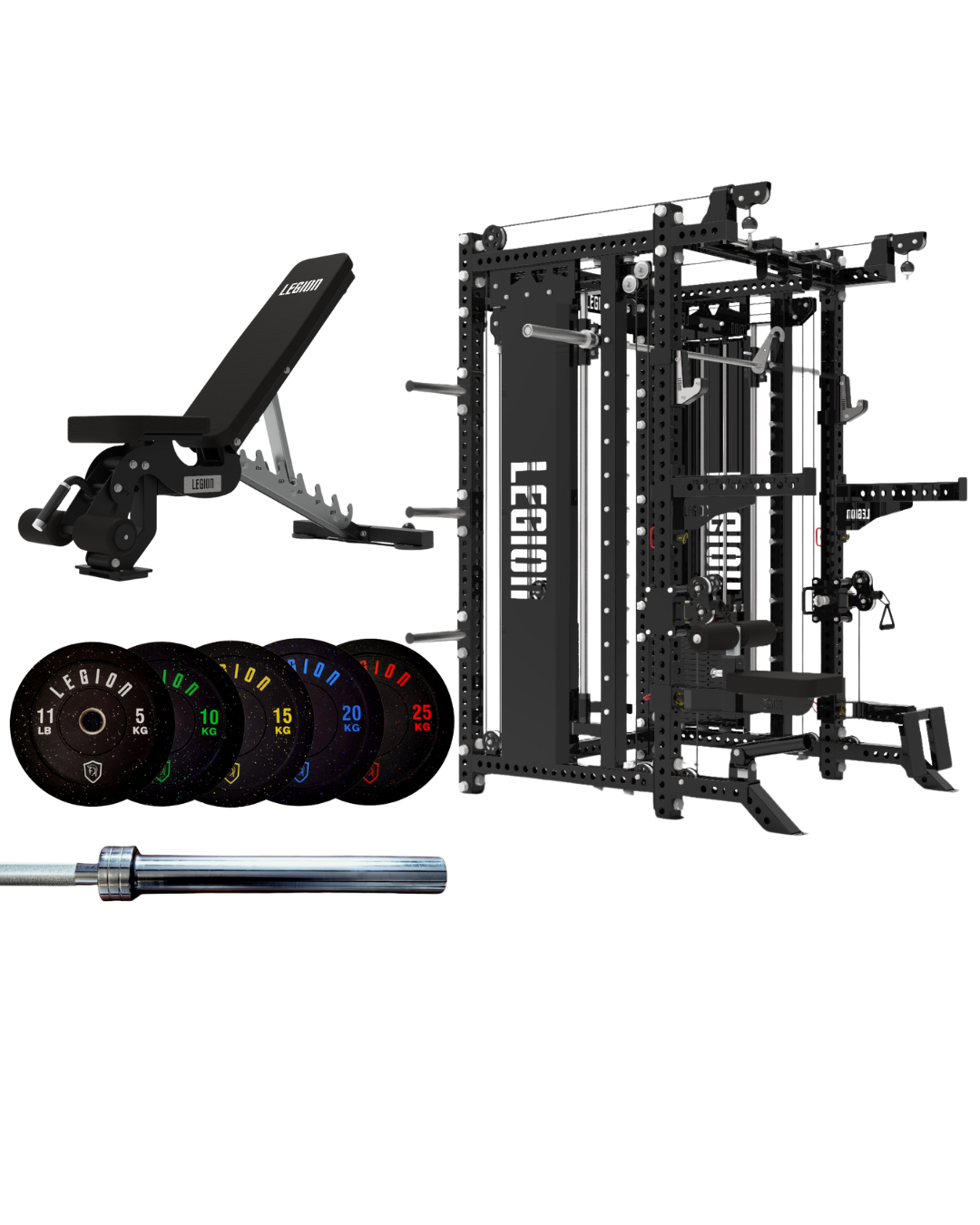 Legion V3 Essentials Gym Bundle - V3 Multi Gym Rack, 150kg Bumper Plate Set & FID Bench