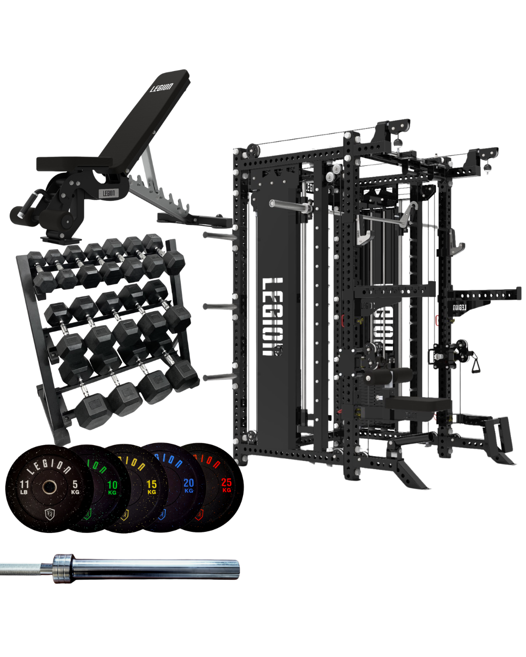 Legion V3 Pro Gym Bundle - V3 Multi Gym Rack, 150kg Bumper Plate Set, FID Bench & 3 Tier Dumbbell Rack (8 pairs 5kg-30kg)