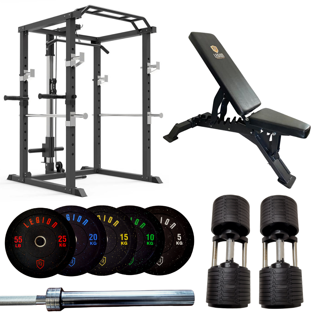 Legion Ultimate Home Gym Package - V1 Multi Gym Rack, 150kg Bumper Plate Set, Bench & Adjustable Dumbbells
